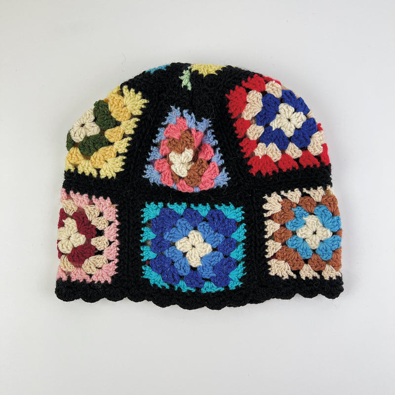 Double Roll Beanie Granny Square - Blue Flower