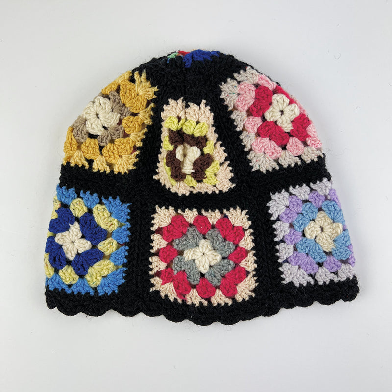 Double Roll Beanie Granny Square - Raspberry Flower